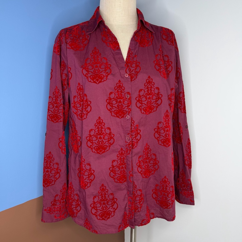 Sundance Velour Embellished Button-Up Blouse Roll-Tab V-Neck Burgundy Red Medium
